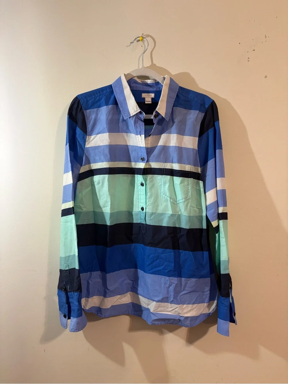 J.Crew popover shirt Women’s large vibrant blue‎ teal white striped long sleeves